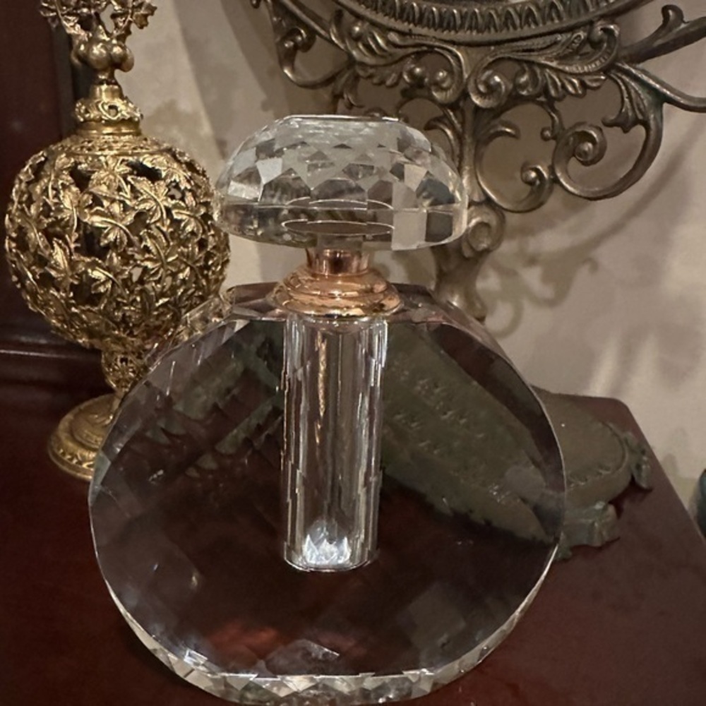 Oleg Cassini Perfume Bottle with gold colored trim diamond cut embellishment